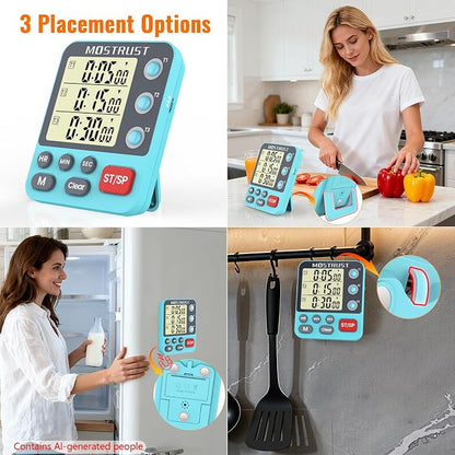 Digital Dual Kitchen Timer, 3 Channels Countdown Triple Timer for Cooking, Magnetic Memory-Preset Large-Display Adjustable Alarm Volume, Multi Times Management, 3A Battery Included, Blue