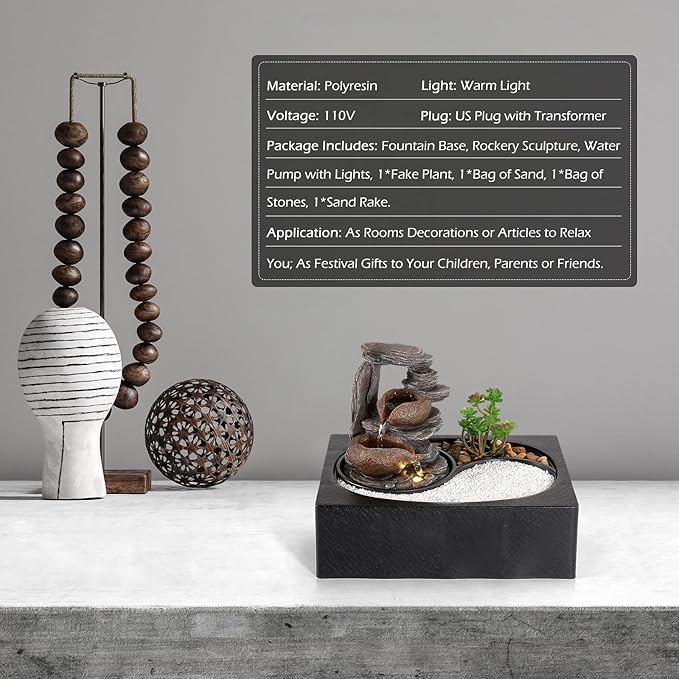 Dyna-Living Indoor Water Fountains Tabletop Water Fountain with Warm Light | Zen Water Fountain Indoor for Relaxation, Desk Zen Waterfall Feature for Home & Office Decor, Quiet Pump, Relieve Stress
