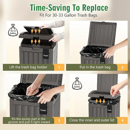 Outdoor Trash Can, 30 Gallon Garbage Can with Tiered Lid and Drip Tray, Waterproof Resin Waste Bin for Patio, Garden, Backyard, Deck, Brown