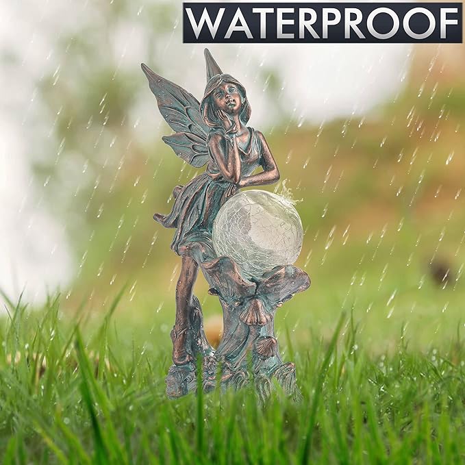 TERESA'S COLLECTIONS Fairy Garden Statues Outdoor Solar Light for Outdoor Decor, Patina Bronze Fairy Resin Garden Decor Sculptures with Crackle Glass, Lawn Ornaments Yard Decor Gifts for Mom, 12.4"