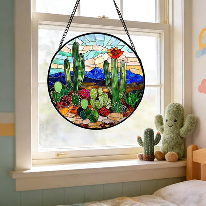 DASTOLL Stained Glass Window Hanging, Green Cactus Suncatcher for Doors Window Home Plant Landscape Sun Catchers Decoration Mother's Day Birthday Gifts for Women, Men, and Mom 9.8 in