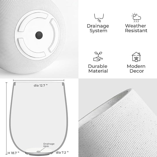 Worth Garden White Large Round Planter, 12.5" Dia x 18.5" H Lightweight Magnesium Oxide Cement Plant Pot with a Striped Textured Finish, Raised Pattern Concrete Look, Drainage Hole, Indoor & Outdoor