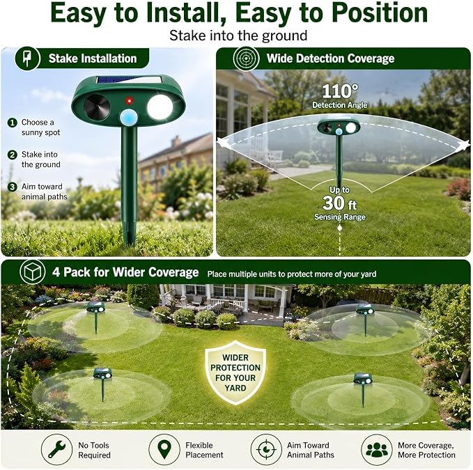 4Pcs Sonic Fortress Pro Deer Repellent Device,Solar Animal Repeller Outdoor | Motion Activated Cat Deterrent Racoon Squirrel Fortress Pro with Strobe Light,USB Charging Skunk Repellent for Yard Garden