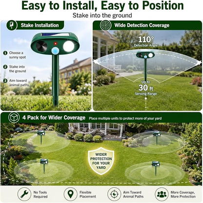 4Pcs Sonic Fortress Pro Deer Repellent Device,Solar Animal Repeller Outdoor | Motion Activated Cat Deterrent Racoon Squirrel Fortress Pro with Strobe Light,USB Charging Skunk Repellent for Yard Garden