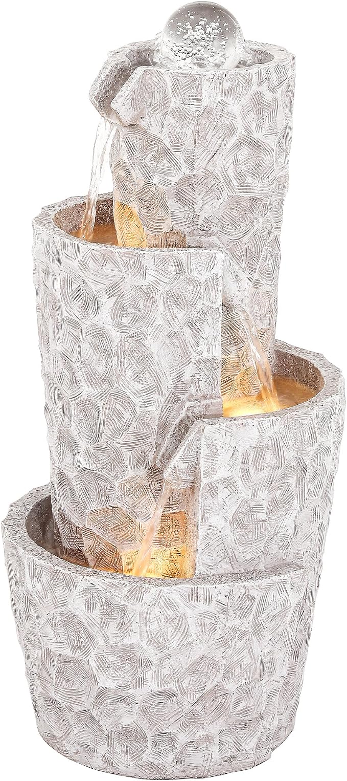 28" 4-Tier Twist Water Fountain with Rotating Crystal Ball, Exclusive Honeycomb Texture, Cascading Waterfalls, Weather-Resistant Outdoor Fountain Creates Tranquil Oasis for Garden Patio | Hammered Texture, Cascading Waterfalls, Weather-Resistant Outdoo...