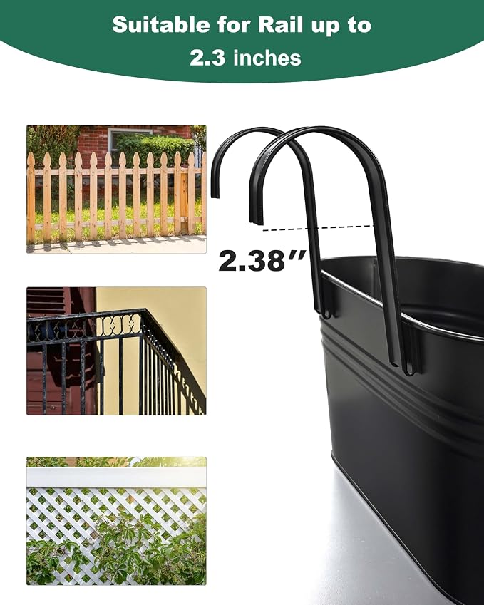 Metal Railing Planters for Outdoor Plants - 5 Pcs Balcony Hanging Flower Pots with Detachable Hooks & Drain Holes, Windowsill Oval Hanging Bucket Pots Fence Planters for Garden Home Decor, Black
