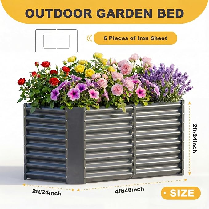AHEONLAR 2 Pack 4×2×2ft Galvanized Raised Garden Beds, Rectangle Durable Planter Boxes Outdoor for Vegetables, Fruits, Flowers and Plants, Quick Assembly, Grey