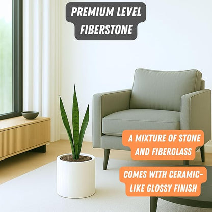 Fox & Fern Large Indoor Planter, Modern Large Plant Pot for Indoor or Outdoor, UV and Frost Resistant - 8 Inch, Glossy White Flower Pot with Drainage Plug, Lightweight