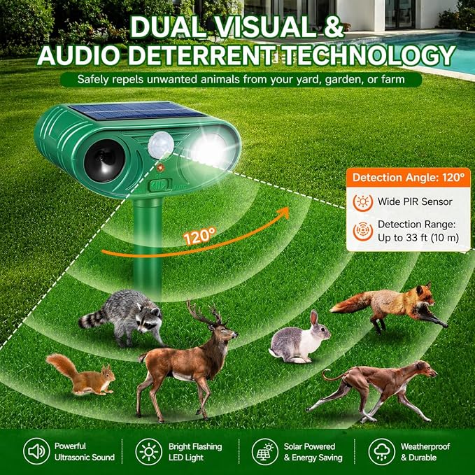 Solar Ultrasonic Animal Repellent Activated Deterrent for Deer | Cat, Squirrel, Raccoon, Rabbit & Bird, Waterproof Outdoor Animal Repeller with LED Strobe for Yard, Garden & Orchard