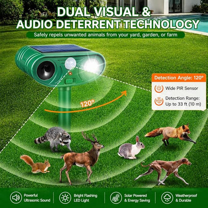 Solar Ultrasonic Animal Repellent Activated Deterrent for Deer | Cat, Squirrel, Raccoon, Rabbit & Bird, Waterproof Outdoor Animal Repeller with LED Strobe for Yard, Garden & Orchard
