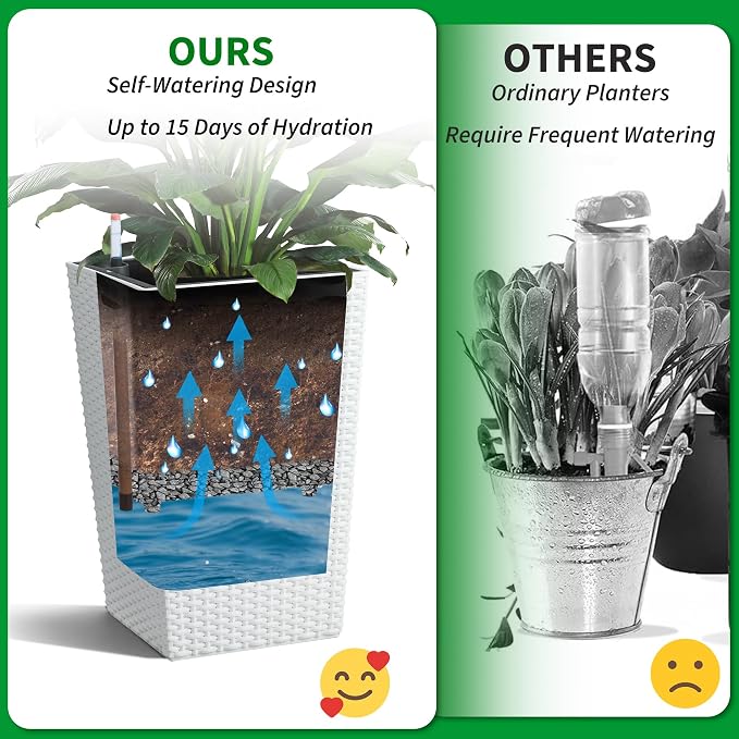 Garvee 16 Inch Outdoor Planters, Set of 2 Tall Planters, White Large Planters for Indoor Outdoor Plants, Flower Pots with Drainage & Water Level Window for Porch, Patio & Balcony