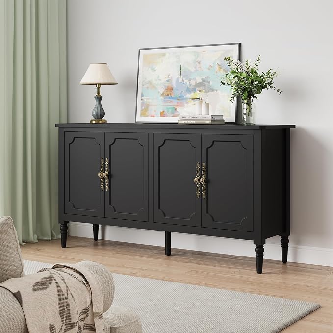 RoyalCraft Sideboard Buffet Cabinet with Storage, 59" Mid Century Modern Credenza with 4 Doors, Coffee Bar Wine Bar Storage Cabinet with Artistic Carved Handle for Living Room, Dining Room, Black