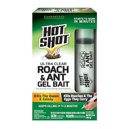 Hot Shot Ultra Clear Roach & Ant Gel Bait, 2.5 Ounces, Water-Based Gel Bait Dries Clear To Kill Roaches And Ants Indoors, Works In Minutes To Kill Queen And Entire Ant Colony, Roaches And Eggs