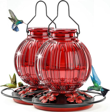 2 Pack Glass Hummingbird Feeder for Outdoors Hanging, Bird Nectar Feeder with Perch & 5 Flower Feeding Ports, 26 Oz Leak Proof for Outside Garden Decor Backyard, Gifts for Women Mom, Red