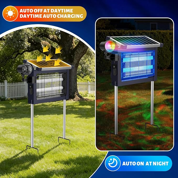 Zechuan Solar Bug Zapper Outdoor, Cordless Rechargeable Mosquito Killer | IP66 Waterproof Fly Zapper, 4500V Grid, Auto/Manual Mode, Cordless with Projection Light, Cord & Chain for Patio Camping RV
