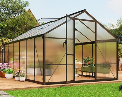 8x12 ft Walk-in Greenhouse, Polycarbonate Panels with Reinforced Aluminum Frame, Large Garden Green House for Planting and Seed Starting, Quick-Assembly Structure with Adjustable Roof Vent