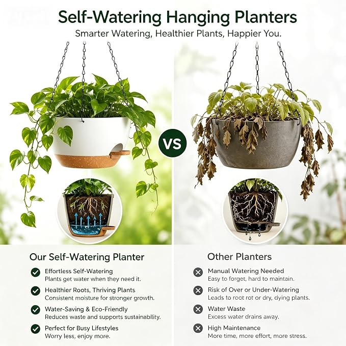 12 Inch Self Watering Hanging Planters 2 Pack, White Brown | Plastic planters with drainage holes and saucers. Suitable for indoor, outdoor, kitchen, balcony and garden plant decor.