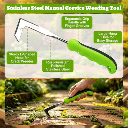Weed Puller Tool Set, 3-Piece Stainless Steel Garden Weeder Tool Kit, Manual Crack Weeder Crevice Weeding Tool, Hand Weeder Tool for Dandelion, Uprooting Weeding Tools for Garden (Green (3 pcs))