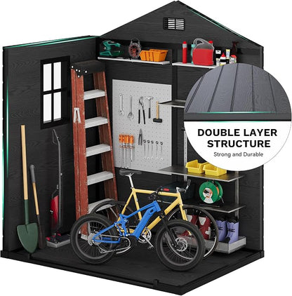 DWVO 6X5FT Resin Storage Shed with Reinforced Floor, Outdoor Storage Shed with Lockable Door, Window and Vents, Waterproof Plastic Tool Shed for Garden, Backyard, Patio, Lawn