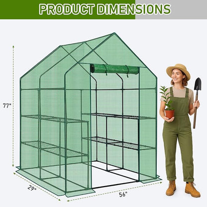 Outvita Walk-in Greenhouse, Outdoor Durable PE Plant Green House for Frost Protection with 3 Tiers 8 Shelves, Shelf Clips, Roll-up Zipper Door, 56"x56"x77" Green