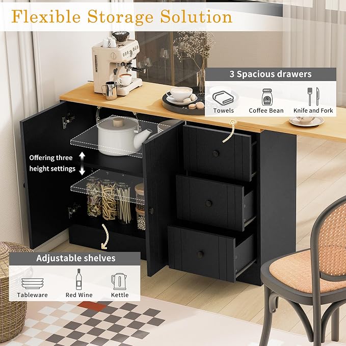 Merax 89.7'' Wood Buffet Sideboard with Extendable Table, Multifunctional Storage Cabinet with 2 Doors and 3 Drawers for Living Room,Study,Foyer and Kitchen Black + Natural