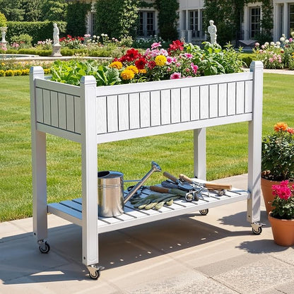YITAHOME 3.6x1.5x2.8 FT Elevated Garden Bed Kit with Legs and Wheels, Outdoor Large Resin Planter Box Stand with Drain Plug and Storage Shelf for Plants Vegetables Fruits, Grayish-White