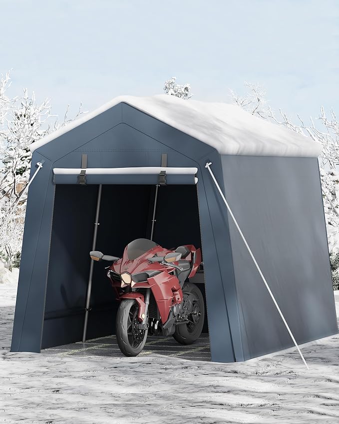 7 x 10 Ft Carport Portable Storage Shed Outdoor Tarp Sheds with Roll-Up Door, Bike Shed ATV Storage Tent for Motorcycle, Car, Garden Tools Grey
