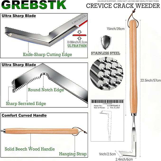 GREBSTK Crack Weeder Crevice Weeding Stainless Steel Sharp Tool, 22 in | Razor-Sharp Rust-Resistant L-Shaped Blade, Solid Beech Wood Non-Slip Handle, for Patio Cracks, Driveway Gaps, Walkway Edging