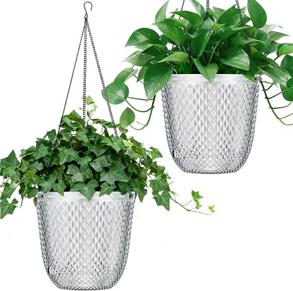 QCQHDU Hanging Planters for Indoor Plants, 2-Pack, 5.7 Inch, Clear | Plastic, Self Watering Plant Hanger, with Drainage Holes, 3 Hooks Chains, For Garden Home