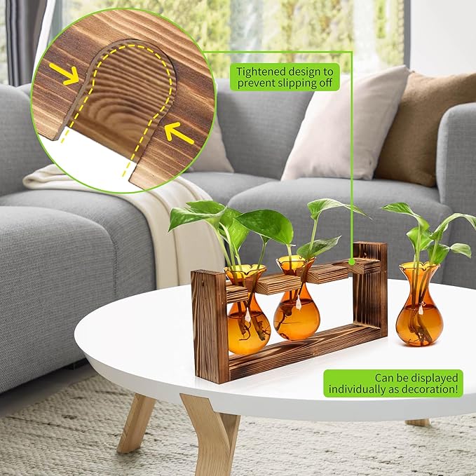 Plant Propagation Station Plant Terrarium Unique Birthday Gifts for Women | Plant Lovers Home Office Decor Planter with Wooden Stand - 3 Bulb Glass Vase