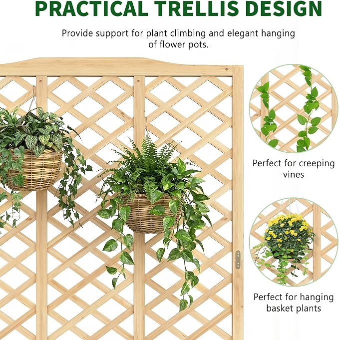 Wooden Raised Garden Bed with Trellis, Freestanding Planter Box with Drainage for Vines Climbing Plants Flowers Herbs, Elevated Gardening Planter for Backyard Balcony Patio