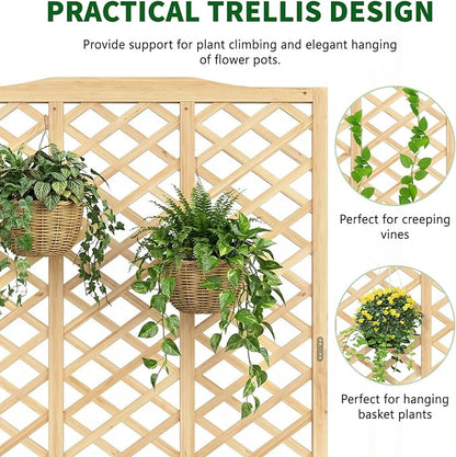Wooden Raised Garden Bed with Trellis, Freestanding Planter Box with Drainage for Vines Climbing Plants Flowers Herbs, Elevated Gardening Planter for Backyard Balcony Patio
