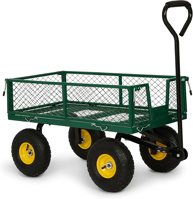 Backyard Expressions Heavy Duty Garden Cart 400 lb Utility Wagon Cart with Removable Mesh Sides, Powder-Coated Steel Bed, Pneumatic Tires, Pull Handle Yard Cart