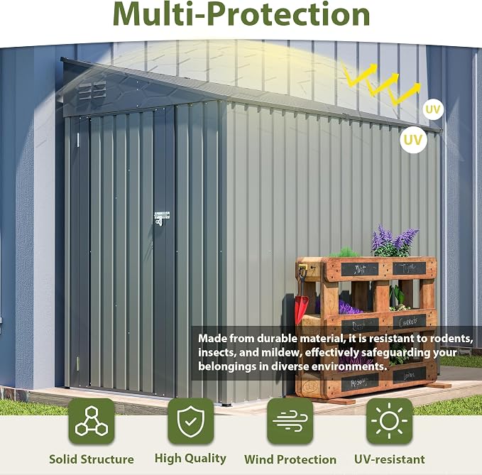 YOPTO 4x7 FT Lean to Storage Shed, Outdoor Metal Wall Side Storage Sheds with Lockable Door,Small Garden Tool Shed for Backayrd, Patio,Lawn,Easy Assembly,Gray