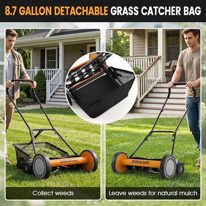 IRONMAX 18 Inch 5-Blade Push Reel Lawn Mower, 9-Level Adjustable Cutting Heights, Removable Grass Catcher, Lightweight No Motor Walk-Behind Manual Grass Cutter for Garden Yard Park (Orange, 18 Inch)