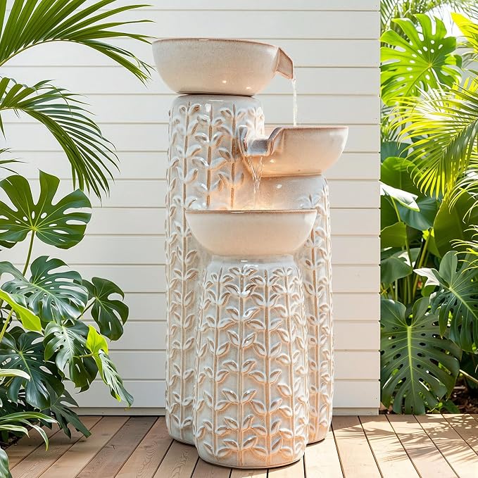 28" H Ceramic Outdoor Water Fountain with LED Lights, 3-Tier Cascading Bowls Water Feature, Tranquil Waterfall for Relaxing Garden, Patio, Yard, or Porch, Beige Glaze, Embossed Leaf Patterns