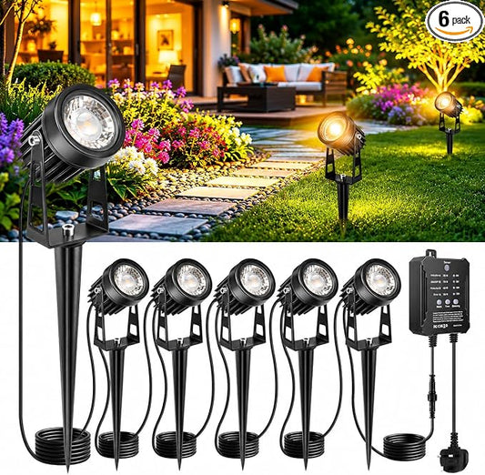 Plug and Play Low Voltage Landscape Lighting Kit, 6-Pack Wired Landscape Lights with Smart Transformer, Warm White Waterproof Outdoor LED SpotLights for Yard, Garden, Pathway, Tree