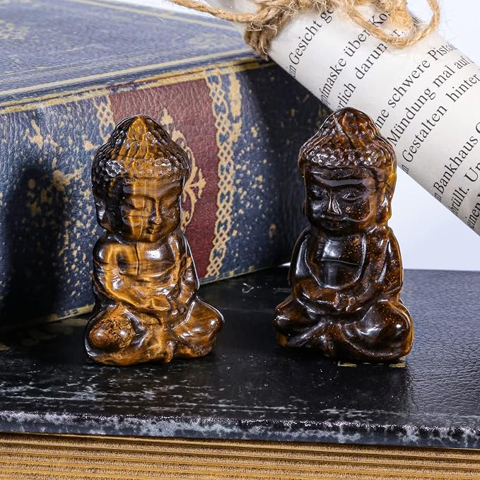 Rockcloud Handcarved Tiger's Eye Stone Pocket Stone Baby Buddha Statue | for Home Decoration Zen Garden Spiritual Feng Shui Figurine