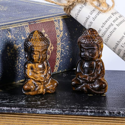 Rockcloud Handcarved Tiger's Eye Stone Pocket Stone Baby Buddha Statue | for Home Decoration Zen Garden Spiritual Feng Shui Figurine