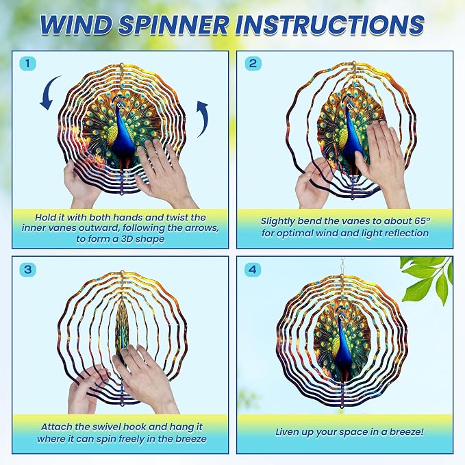 FLAGWIX Peacock Wind Spinners Outdoor - 3D Stainless Steel Metal Kinetic Spinner 12 inch - Gardening Gifts for Women, Peacock Yard Art Home Garden Decor, Gifts for Outside