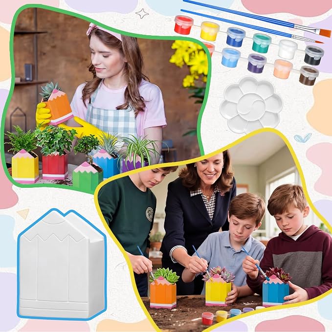 Beeveer 6 Sets Paint Your Own Succulent Planter Ceramic Mini Unpainted Flower Pots Back to School DIY Paintable Succulent Plant Pots for Kids Student Classroom Craft Project Activity