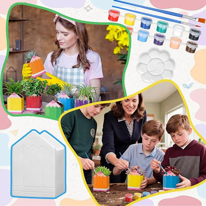 Beeveer 6 Sets Paint Your Own Succulent Planter Ceramic Mini Unpainted Flower Pots Back to School DIY Paintable Succulent Plant Pots for Kids Student Classroom Craft Project Activity