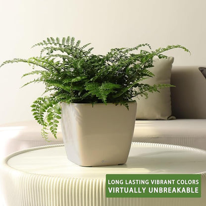 Dexceder 9x8 Self Watering Planter (Taupe Matte) | Inner Mat Design, Thickened Table Flower Plant Pot with Water Level Indicator Indoor Outdoor