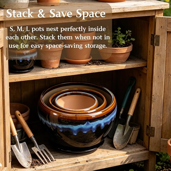 AVLA 3 Pack Ceramic Flower Pots, Gardening Drip Glazed Planter, Plant Pot with Drainage Hole and Saucer, 7/5/4 Inch Rustic Houseplant Container for Succulent Herbs Cactus Orchid, Home Indoor Outdoor