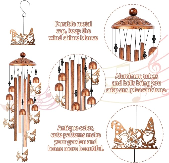 Romart Garden Gnomes Wind Chimes for Outside, Gnome Gifts for Women Men Mom Wife Grandma Birthday Memorial Windchimes for Outdoors Indoors, Garden, Patio, Home, Porch, Yard Decorations