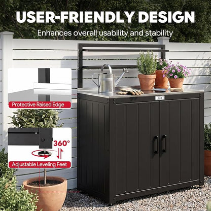 Feasto Outdoor Potting Bench Table with Storage Cabinet, Black | Stainless Steel Garden Workstation, Raised-Edge Top, Adjustable Shelf & Removable Hutch, Patio, Balcony & Outdoor Workspace