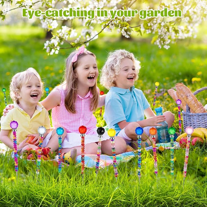 230 Pcs Beaded Garden Stakes DIY Fairy Wand Kit | 200 Colorful Assortment Round Large Hole Beads, 10 Round Stopper Top, 10 Threaded Rod & 10 Nuts, Outdoor Decoration