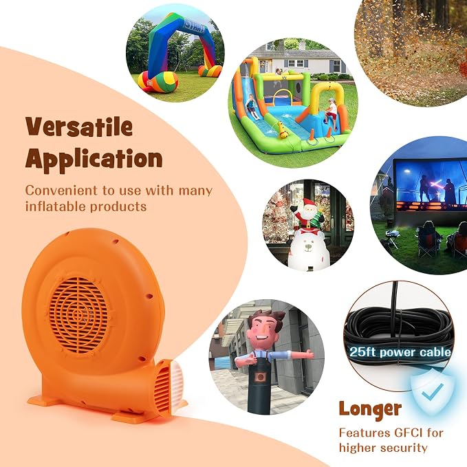 Costzon Air Blower, 1.0HP Blower for Bounce House with 25FT SJTW Wire & Stakes, GFCI Plug, ETL, 750W, Perfect for Inflatable Bouncer Blower Orange, IPX4 Air Blower for Inflatables