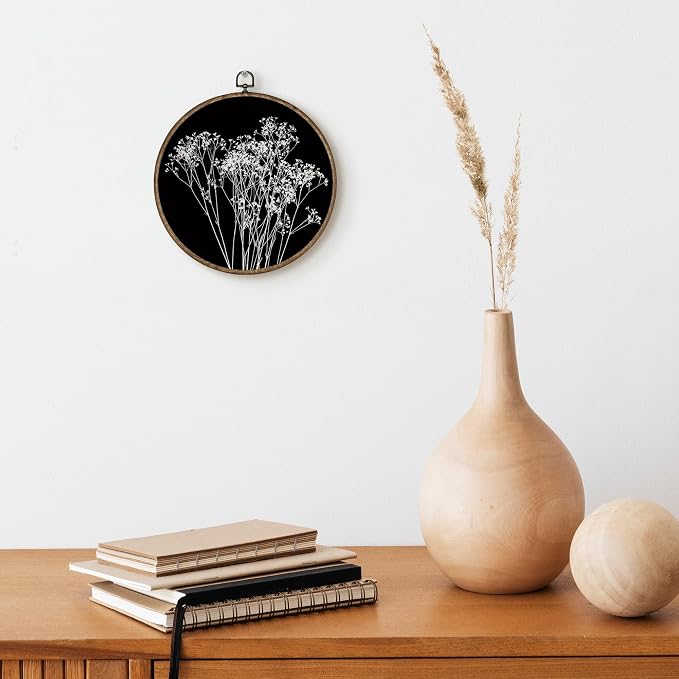TLESKE Black Vintage Botanical Round Wall Art Decor Framed 10x10, Boho Fall Wildflower Floral Canvas Wall Art Prints Artwork, Rustic Wall Hanging Room Door Decor Decorations for Living Room Bedroom