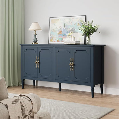 RoyalCraft Sideboard Buffet Cabinet with Storage, 59" Mid Century Modern Credenza with 4 Doors, Coffee Bar Wine Bar Storage Cabinet with Artistic Carved Handle for Living Room, Dining Room, Navy Blue